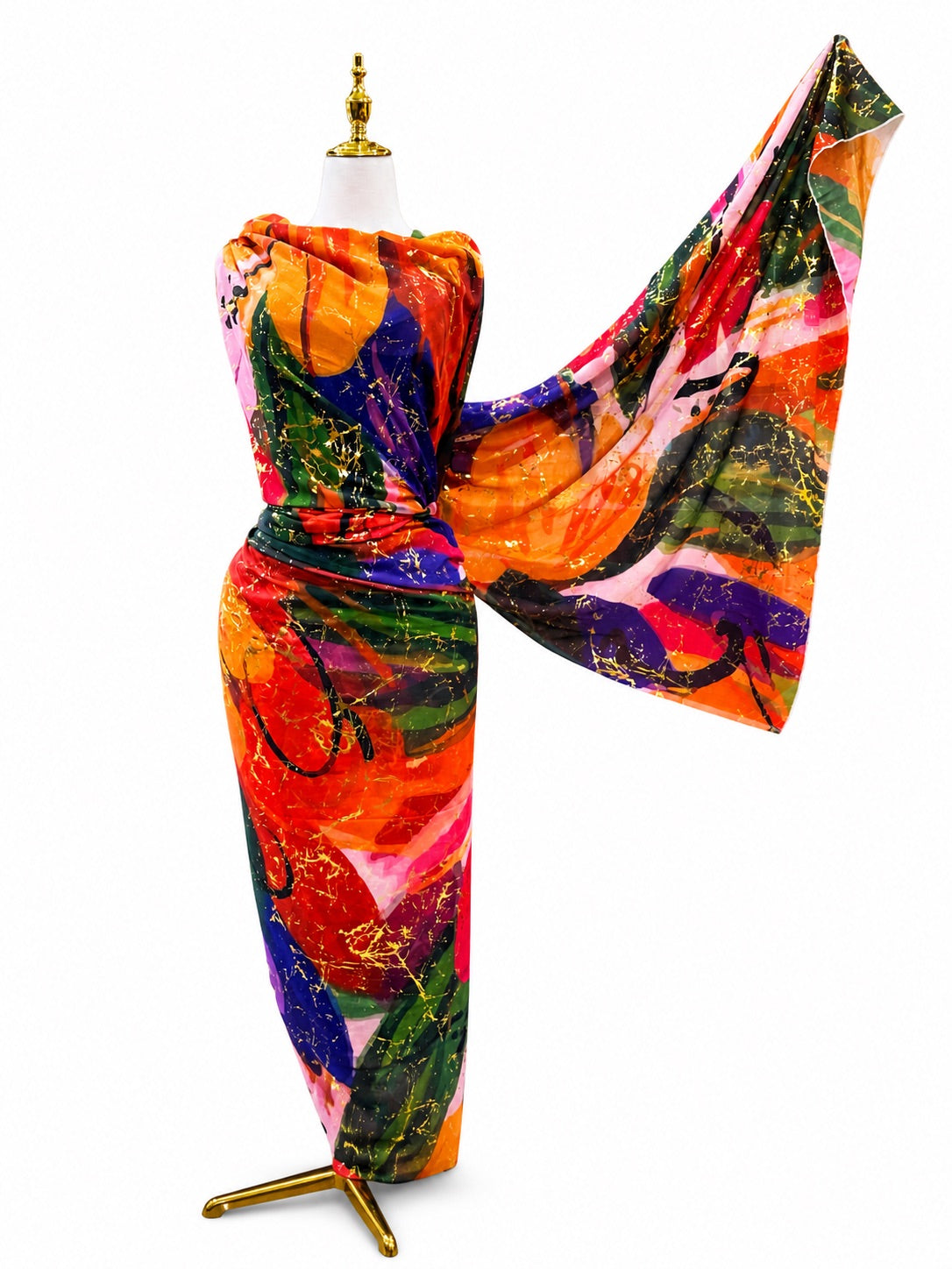 Voile Gold Foil Toub - Multicolour Flowers