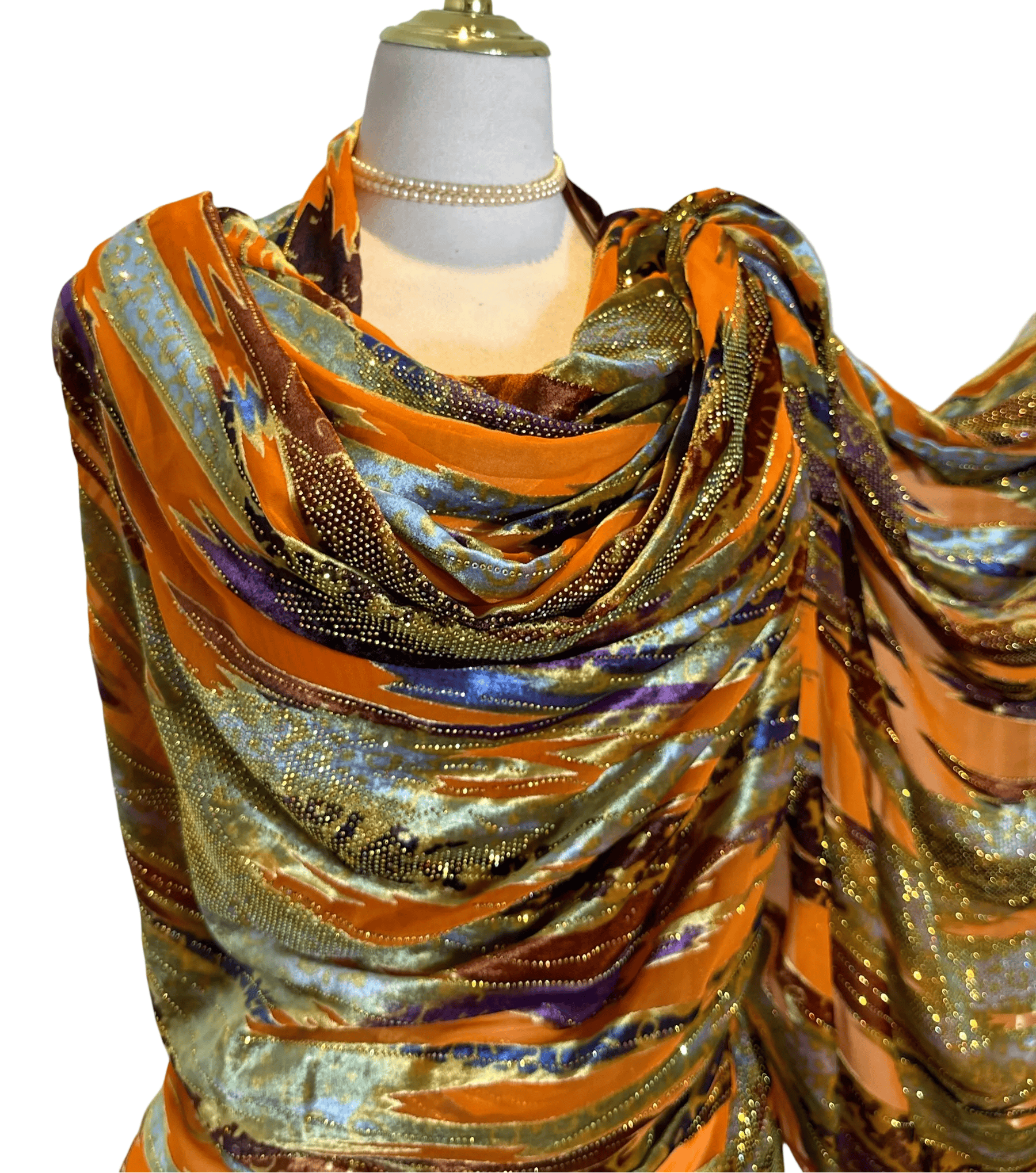 Crystal/Velvet Chiffon Toub - Orange with Stripes