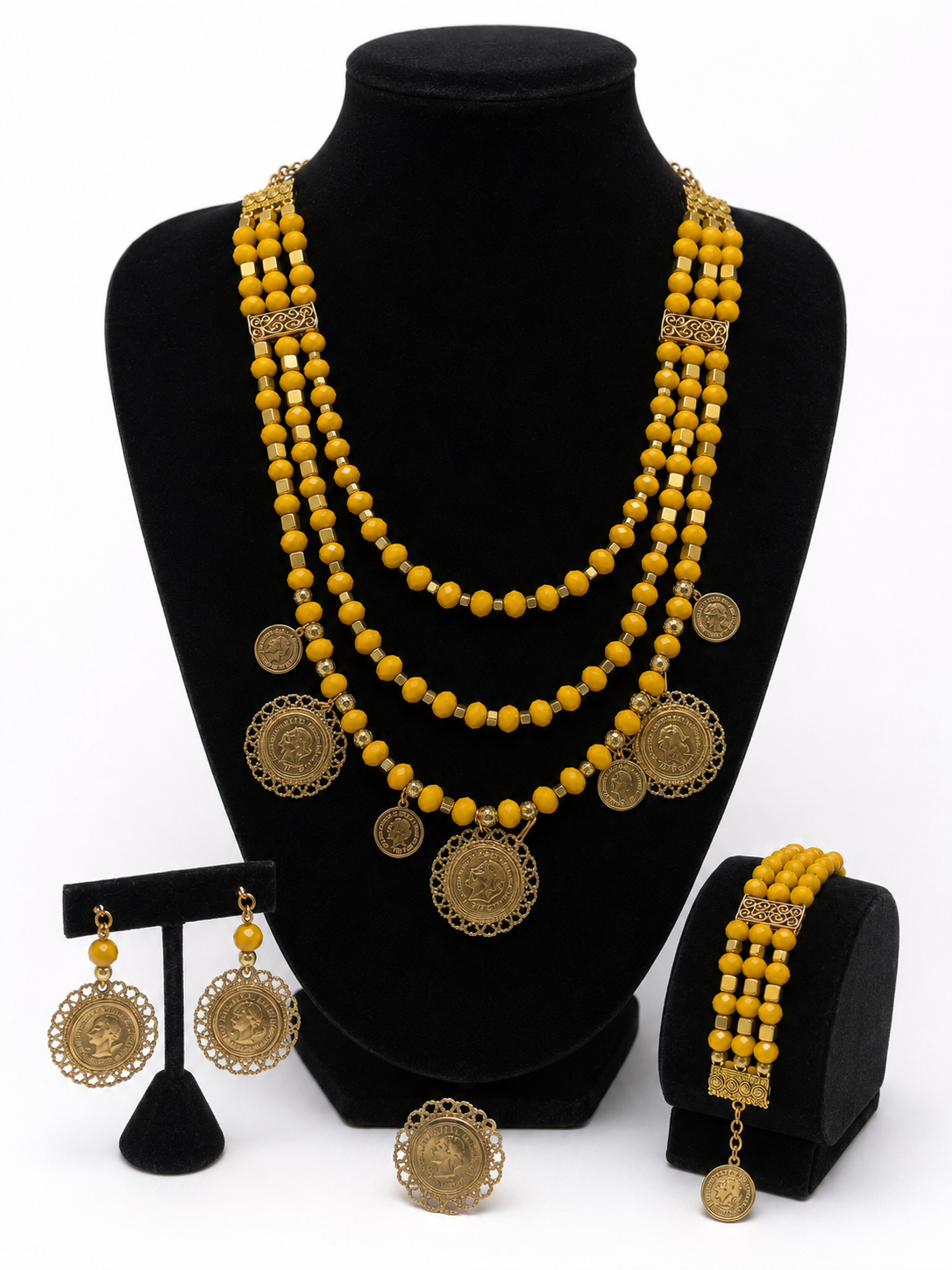 Traditional Full Set - Yellow Layered Beaded Coin Necklace