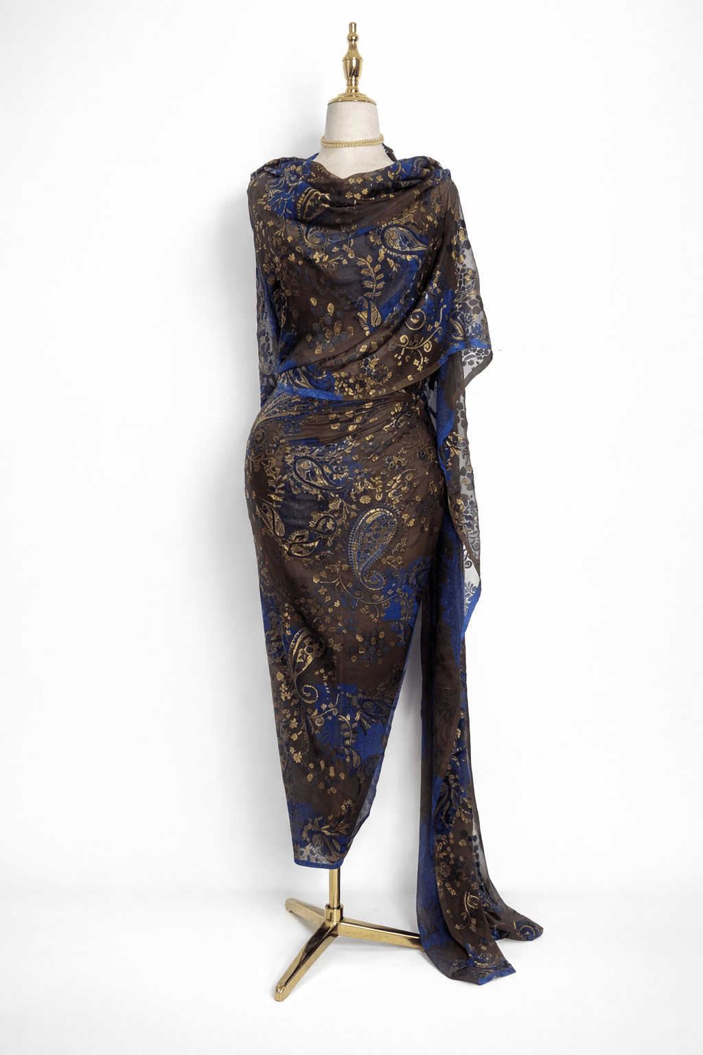 Velvet Chiffon Toub - Brown and Blue with Paisley
