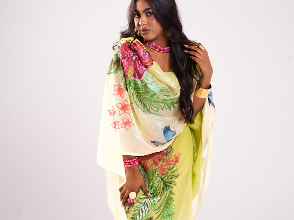 Hand Painted Glitter Toub - Lime with Tropical Flowers