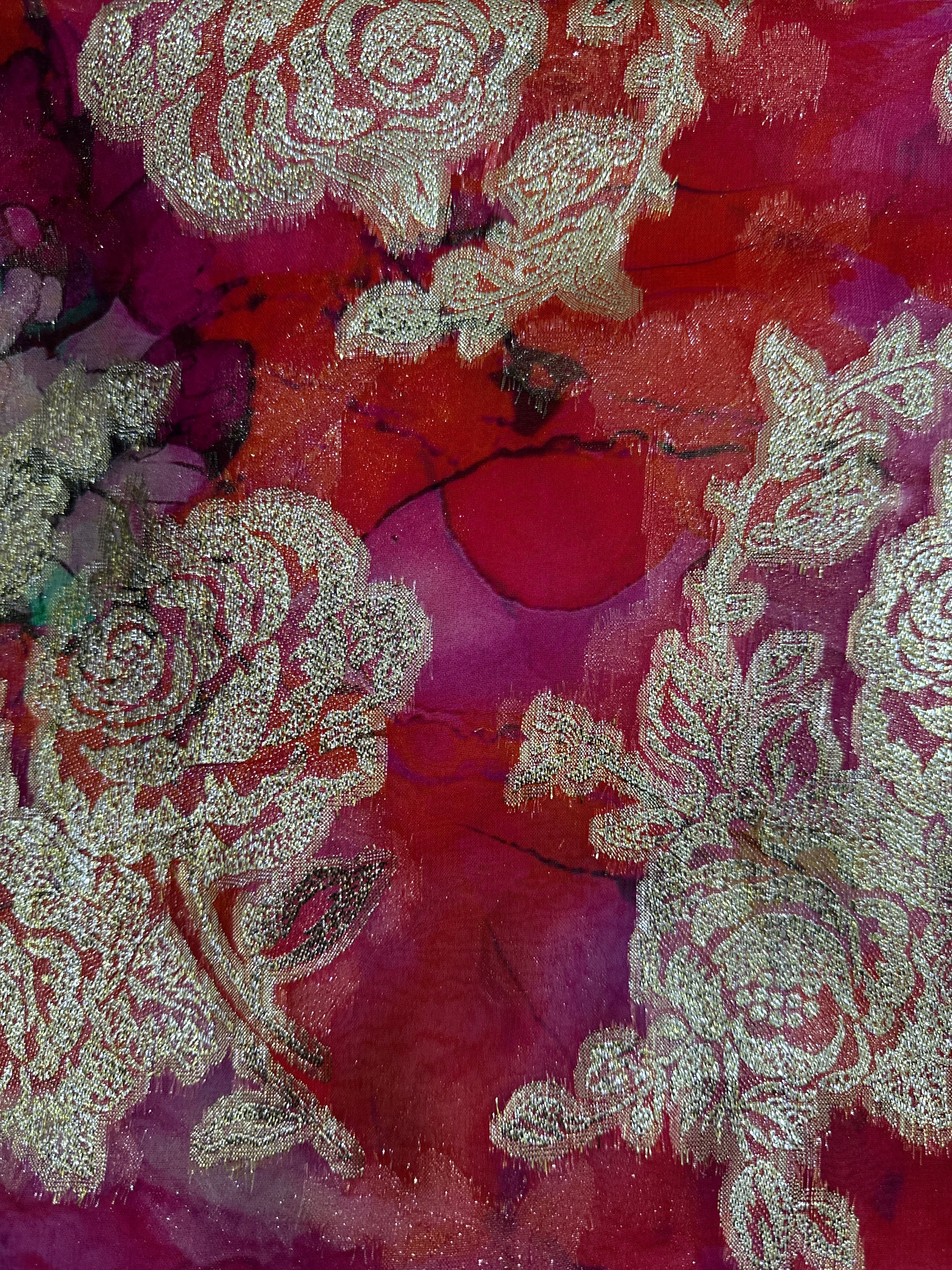 Silk Chiffon with Jacquard - Pink Roses