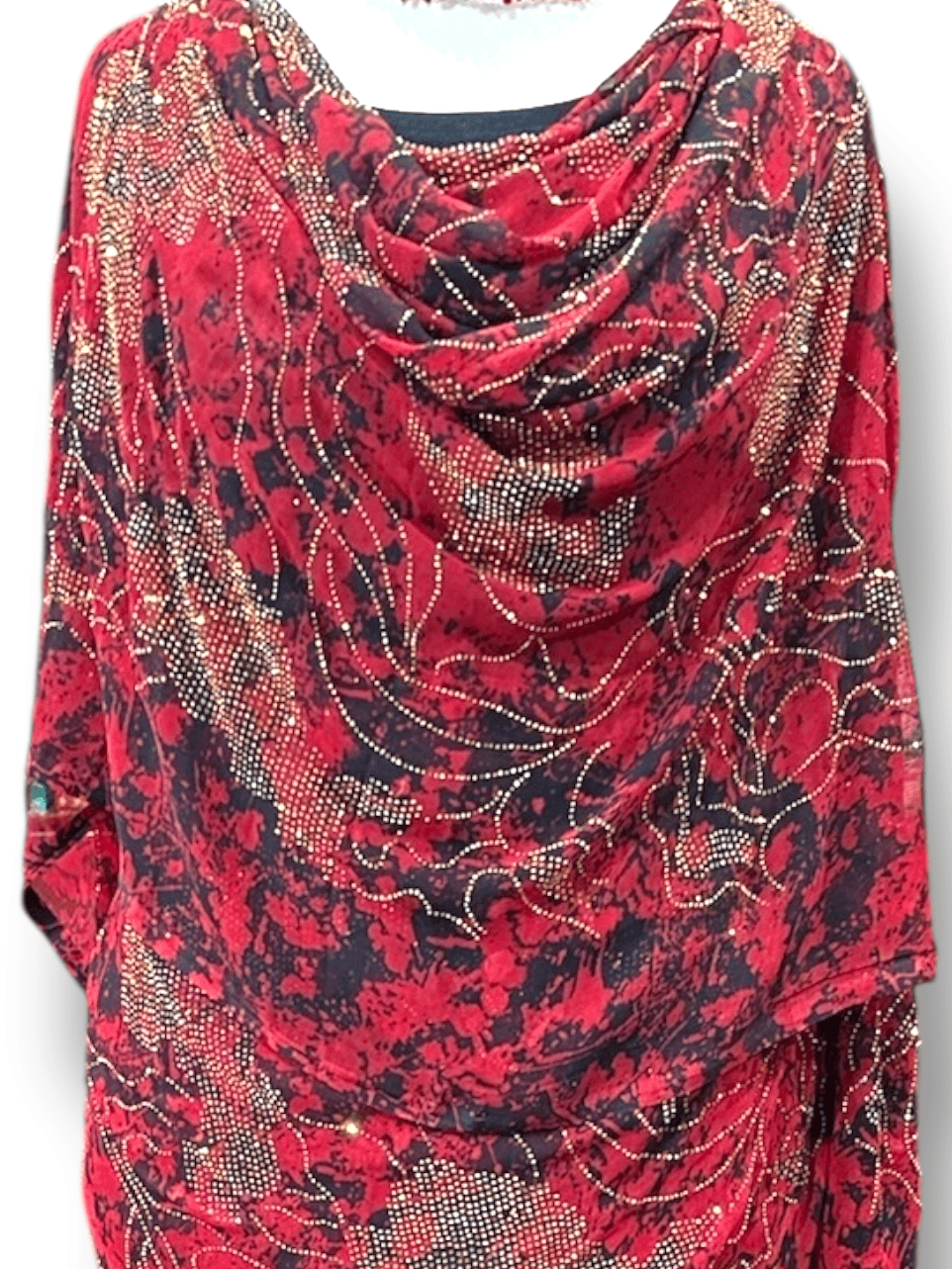 Crystal Chiffon/Silk Toub - Red and Black Abstract with Crystal Sequins