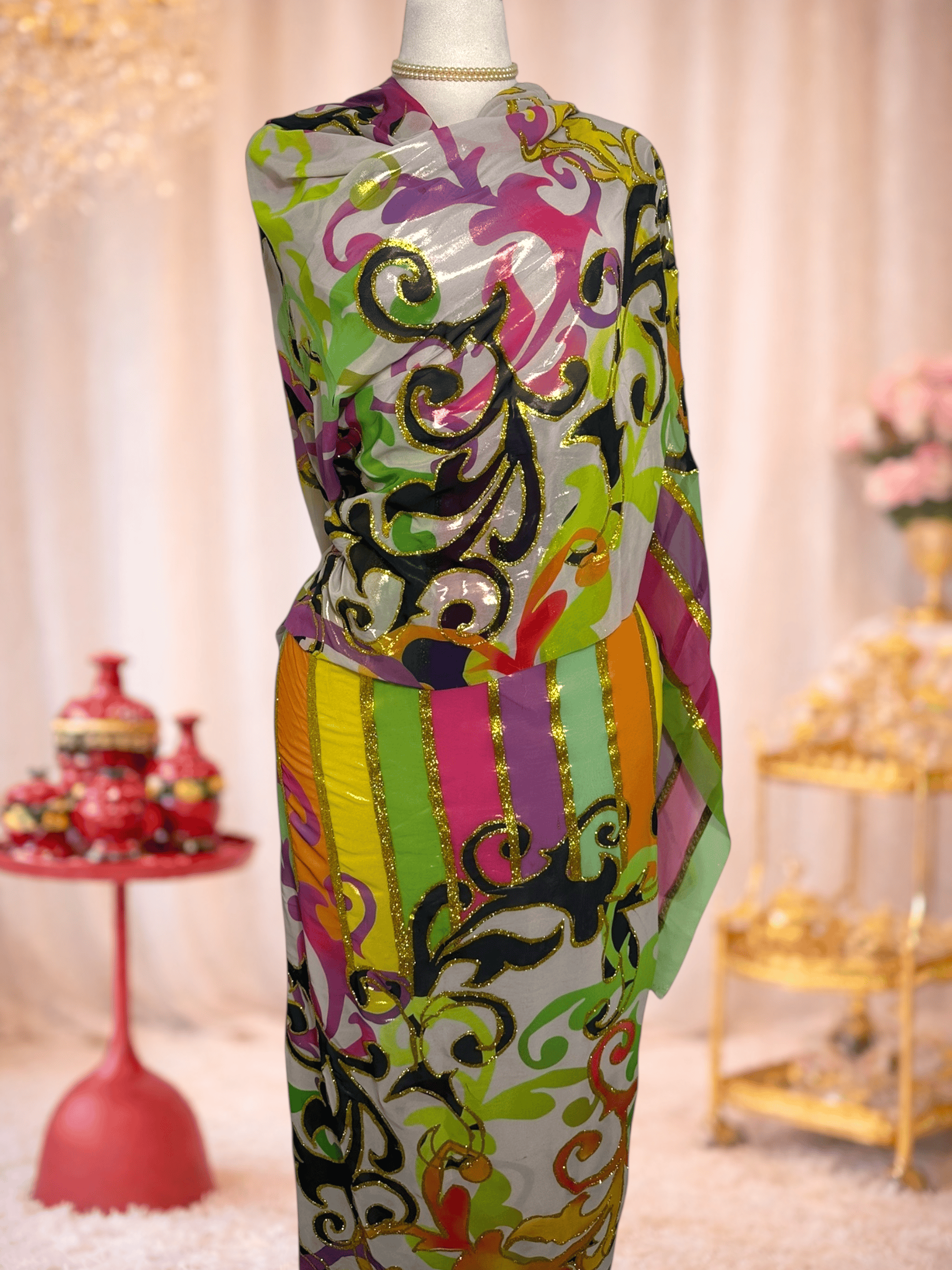 Hand Painted Glitter - Baroque Scroll Multi Colour