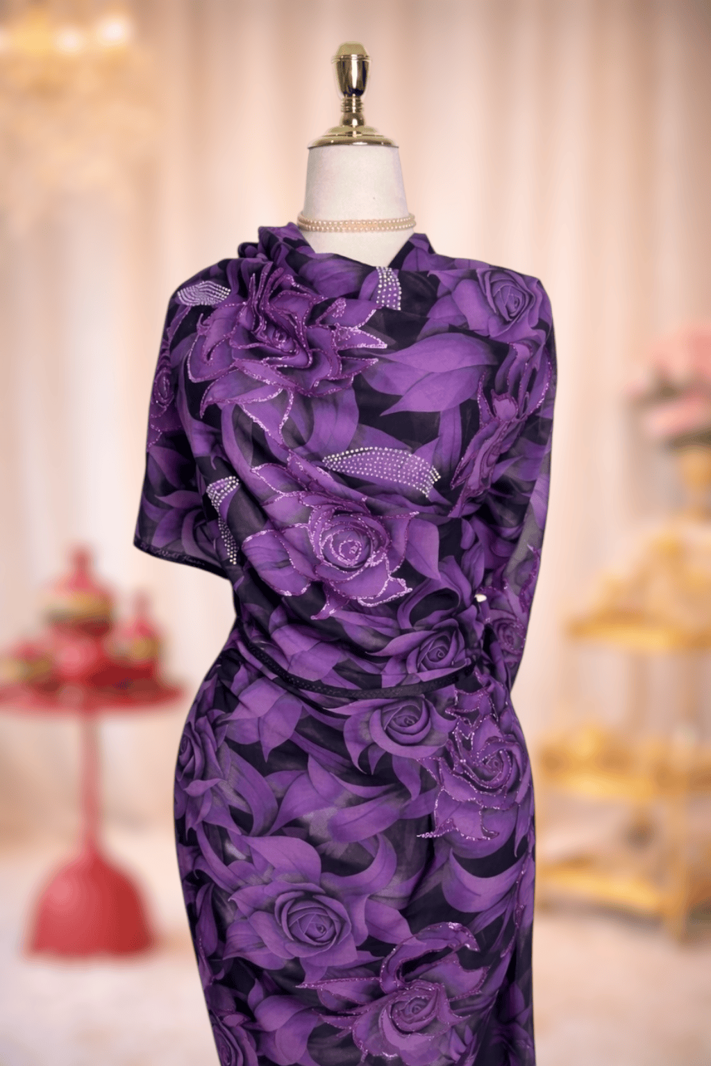 Hand Painted Glitter Toub (Cotton) - Black Purple Roses