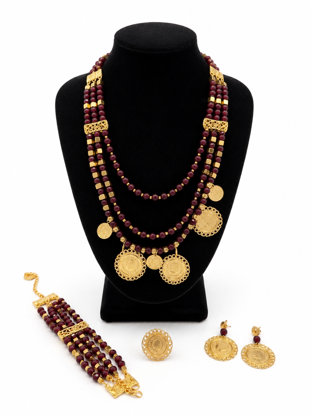 Traditional Full Set - Burgundy Layered Beaded Coin Necklace