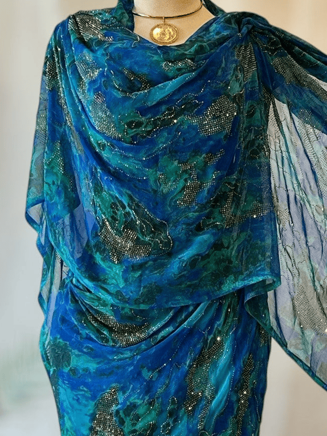 Crystal and Jacquard Silk- Blue with Navy Detailing