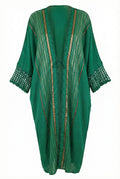 Asiya Cotton Kimono Robe - Crochet Sleeves & Tie (Green with Black/Gold Detailing)