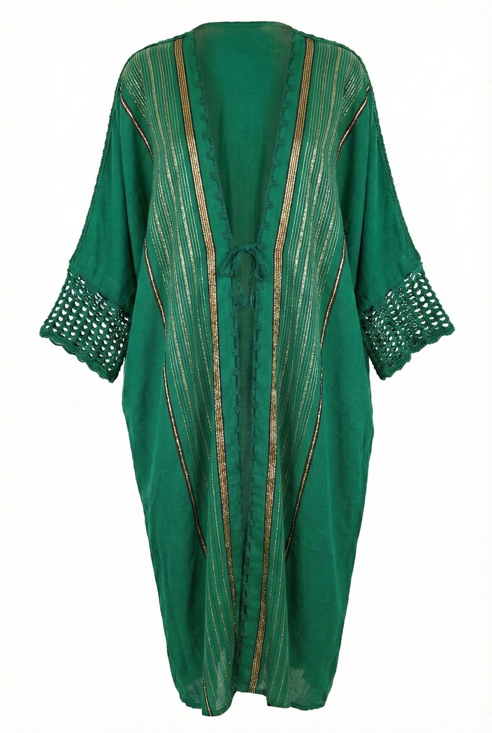 Asiya Cotton Kimono Robe - Crochet Sleeves & Tie (Green with Black/Gold Detailing)