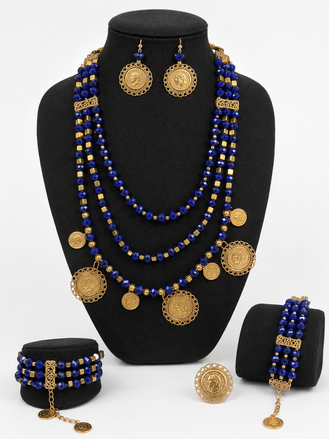 Traditional Full Set - Navy Layered Beaded Coin Necklace