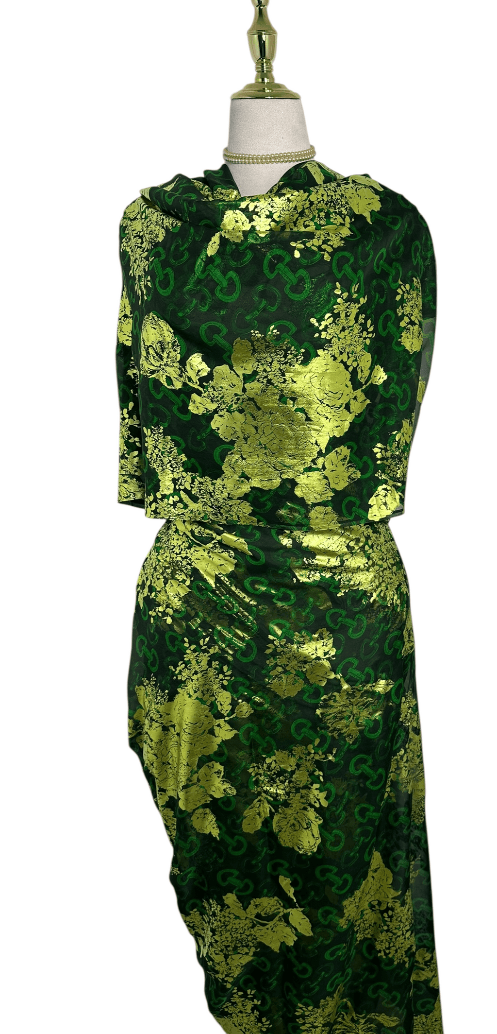 Silk Toub - Dark Green with Metallic Florals