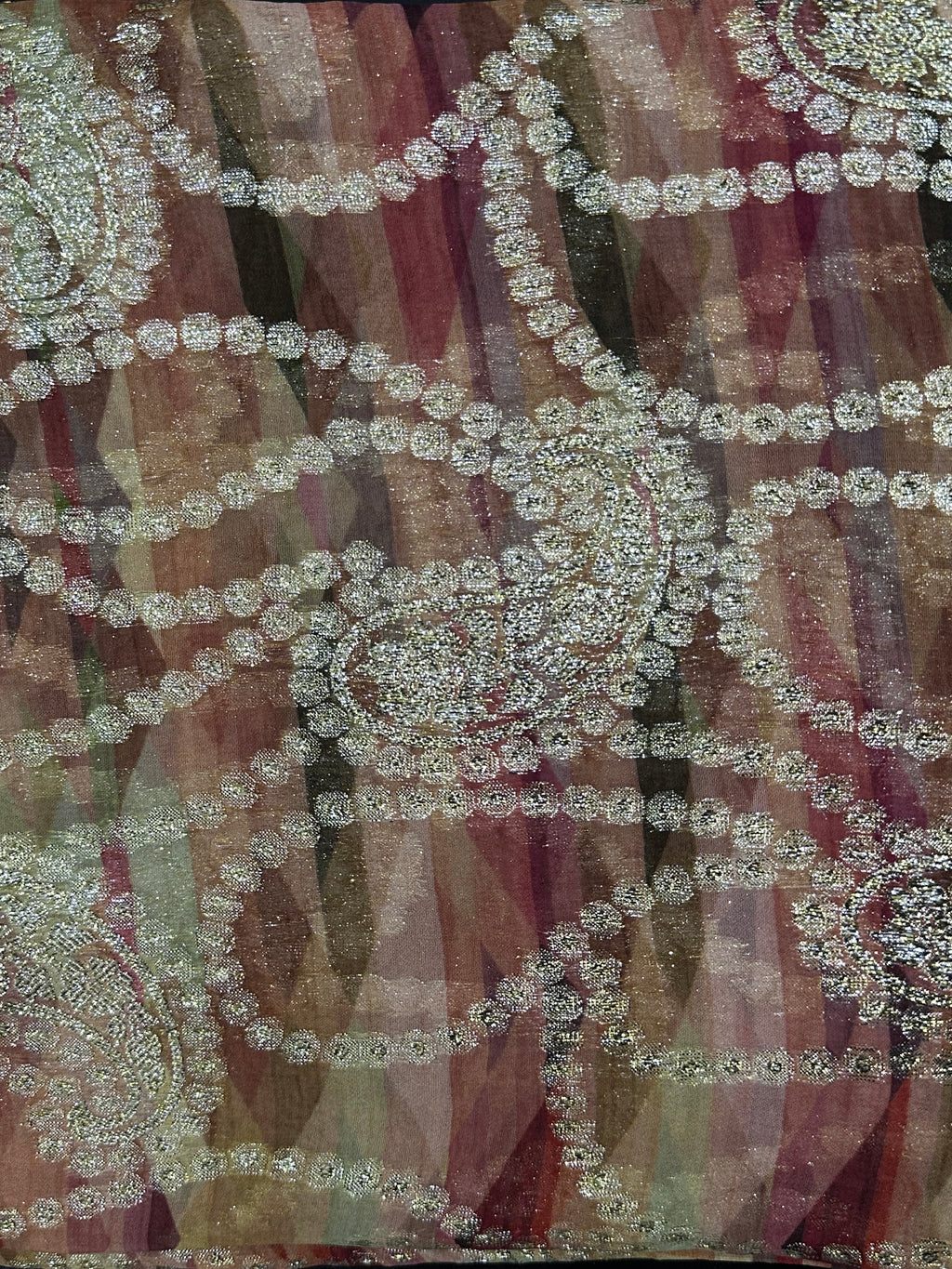 Silk Chiffon Jacquard - Golden Pink Tones Geometric with Paisley