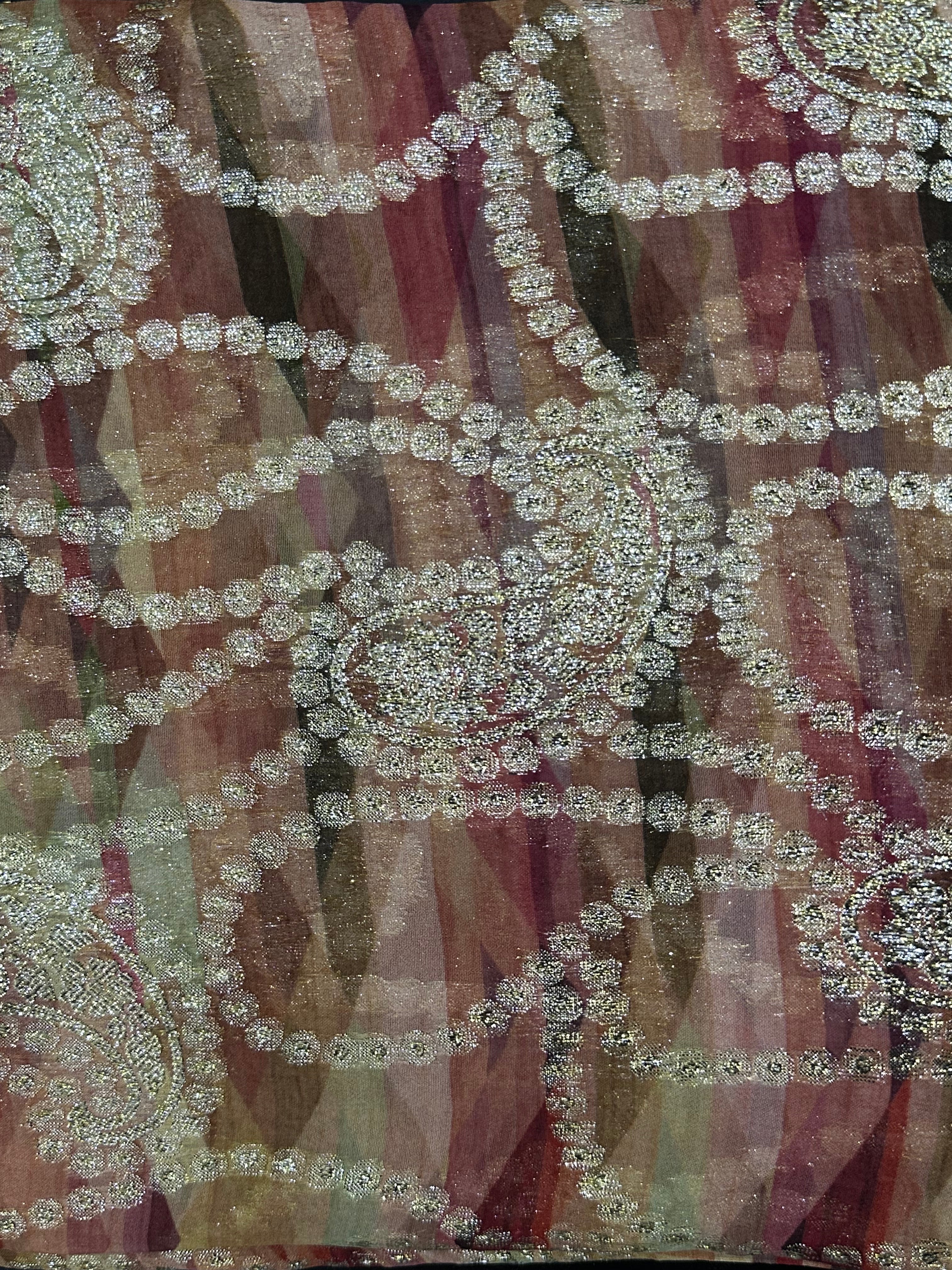 Silk Chiffon Jacquard - Golden Pink Tones Geometric with Paisley
