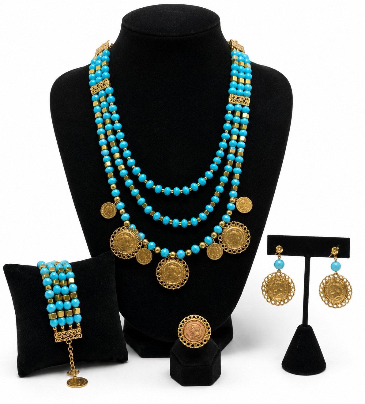 Traditional Full Set - Blue Layered Beaded Coin Necklace
