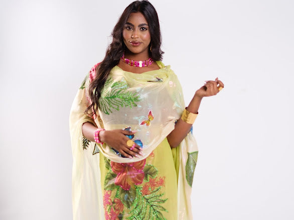 Hand Painted Glitter Toub - Lime with Tropical Flowers
