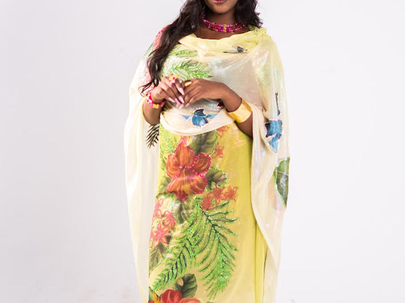 Hand Painted Glitter Toub - Lime with Tropical Flowers
