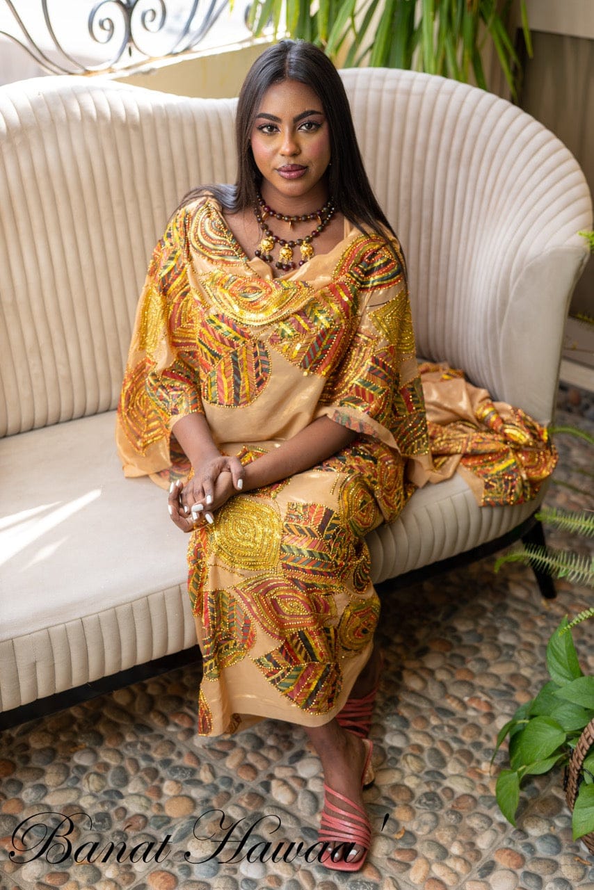 Hand Painted Glitter Toub - Gold With African Print Leaves