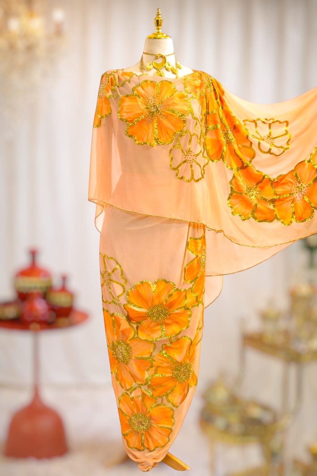 Hand Painted Glitter Toub - Orange Glittery Floral