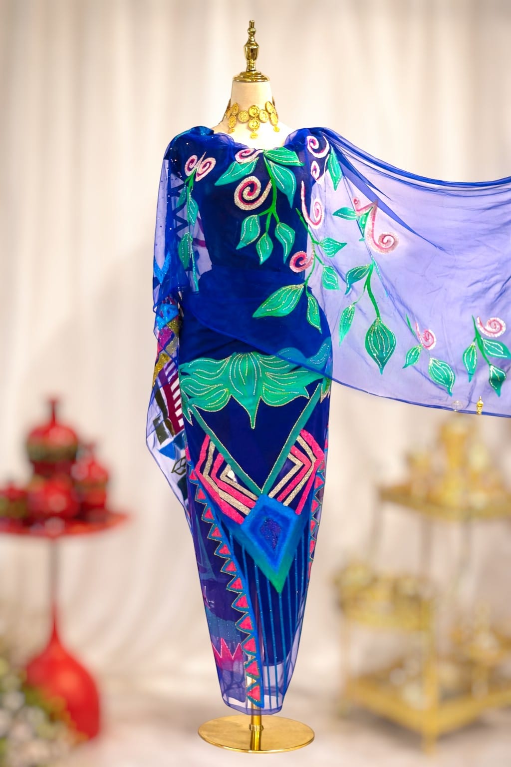 Hand Painted Glitter Toub - Blue with Turquoise and Pink Pattern