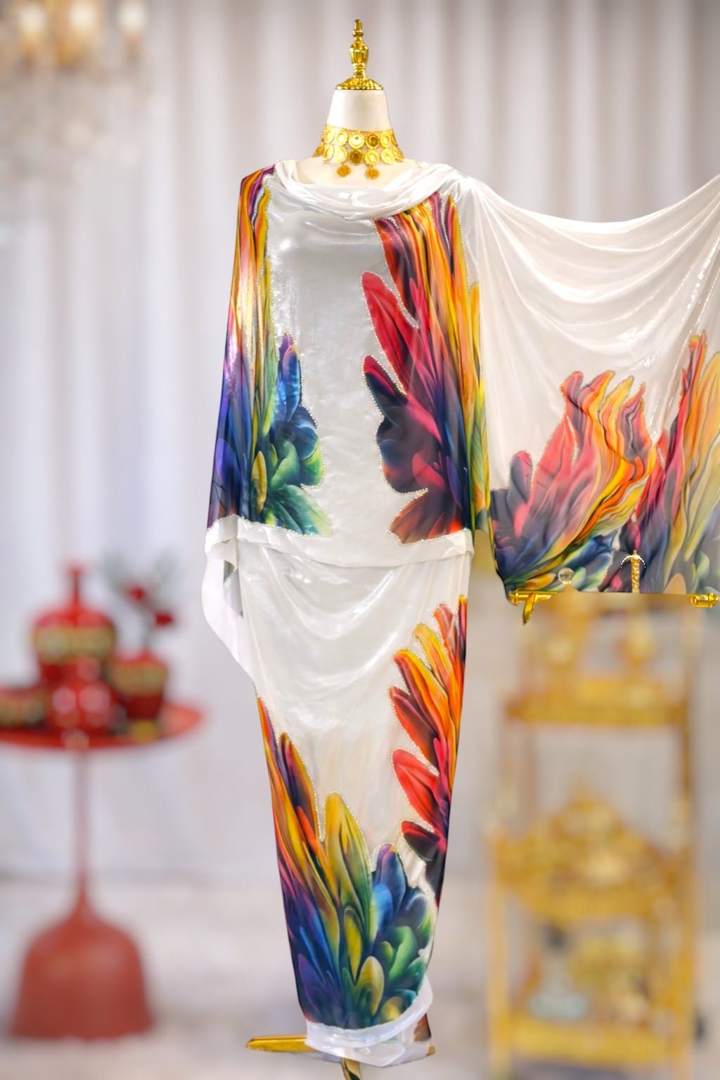 Hand Painted Glitter Toub - White with Multi Colour Feathers