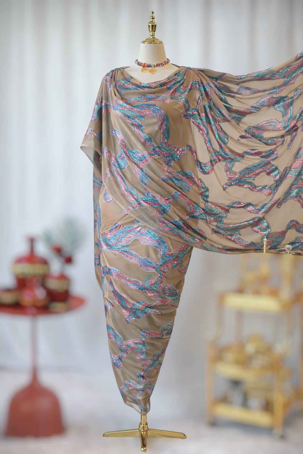 Fil-Coupe Chiffon - Grey with Blue/Pinks Swirls