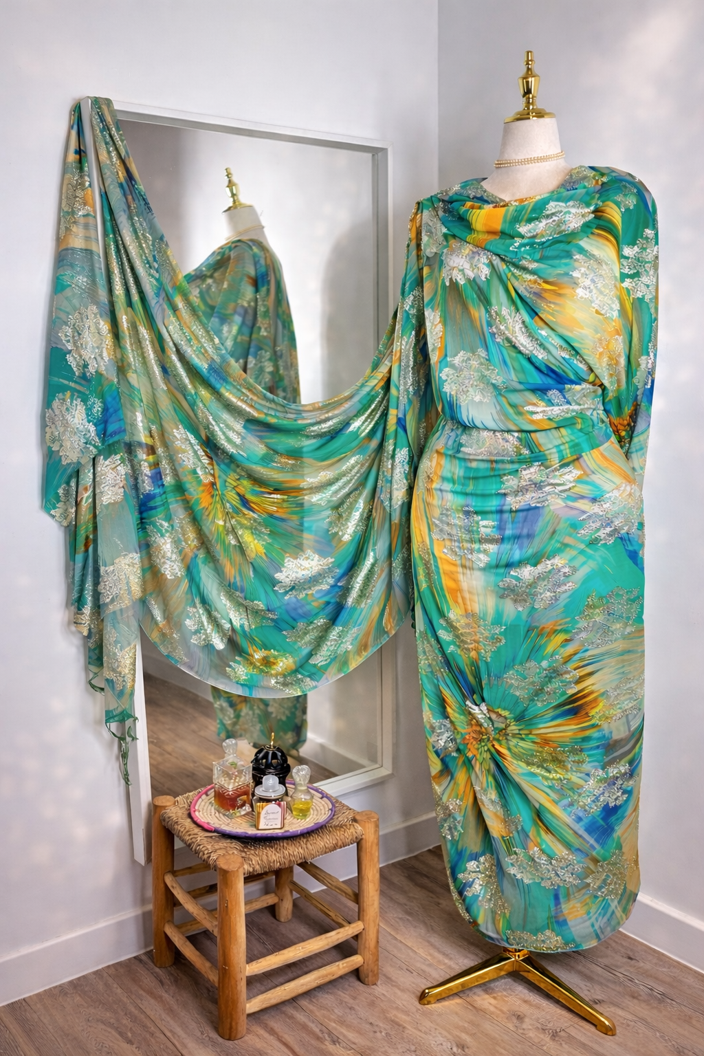 Silk Chiffon with Jacquard - Prismatic Floral (Green and Yellow)