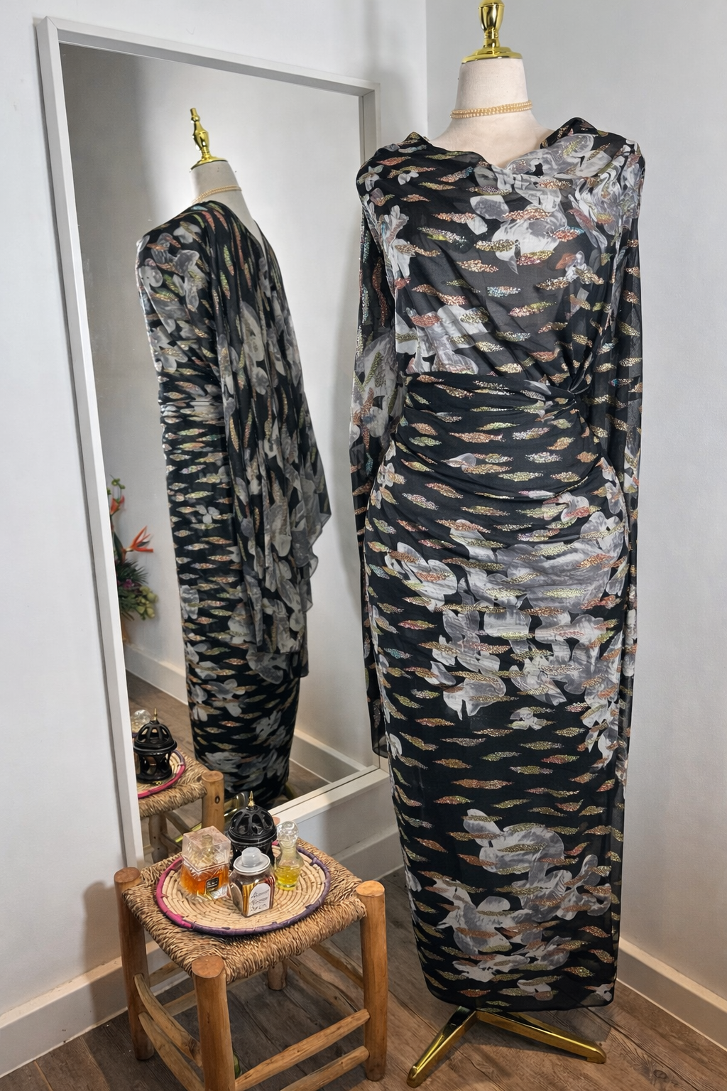 Silk Chiffon with Jacquard - Abstract Petals (Monochrome)