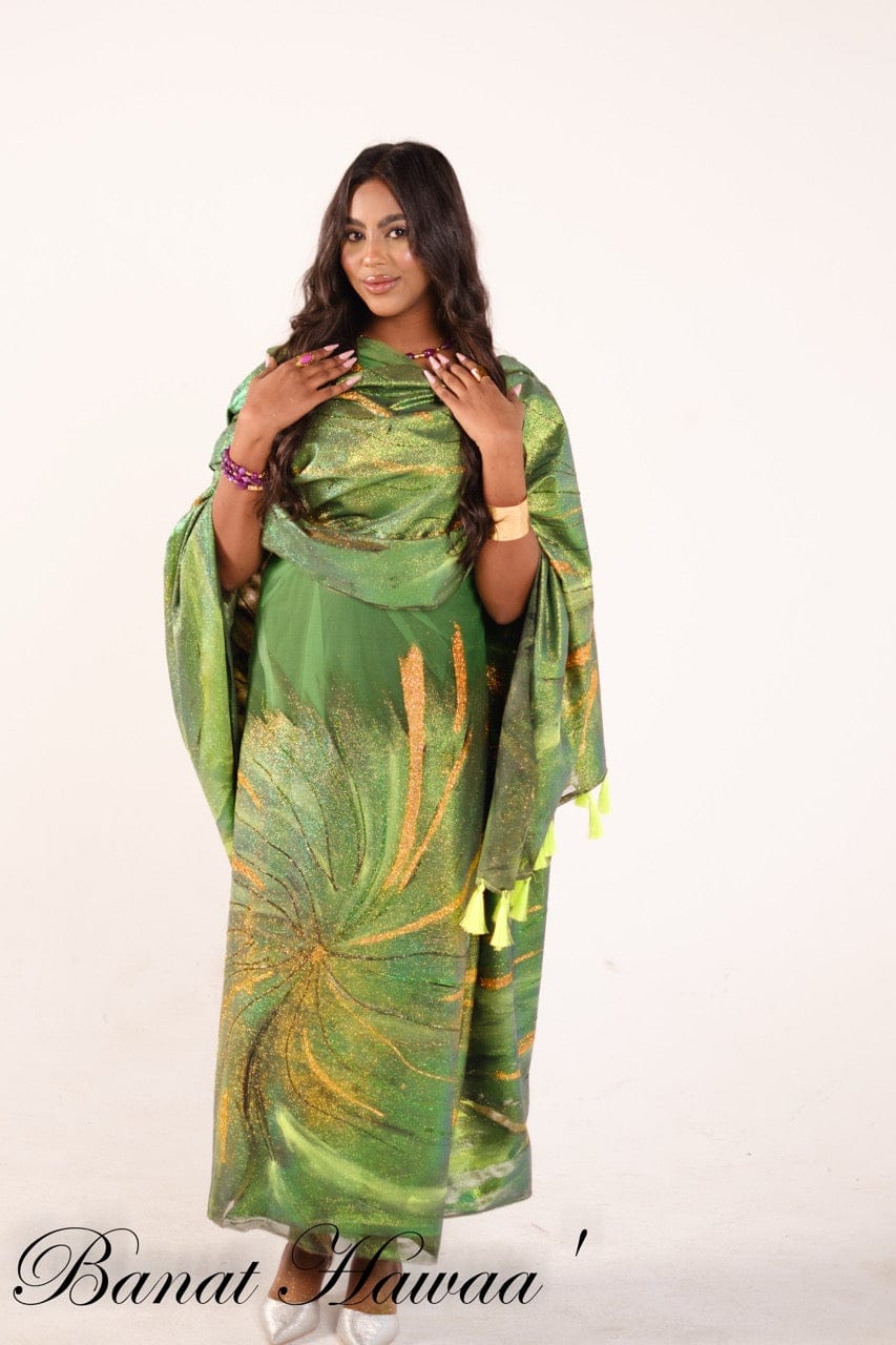 Hand Painted Glitter Toub - Green Flowers with Tassels