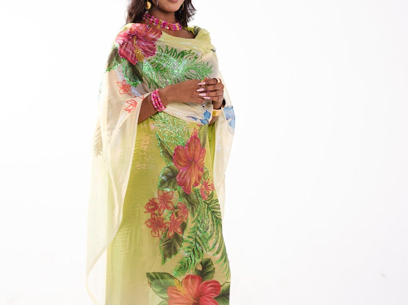 Hand Painted Glitter Toub - Lime with Tropical Flowers