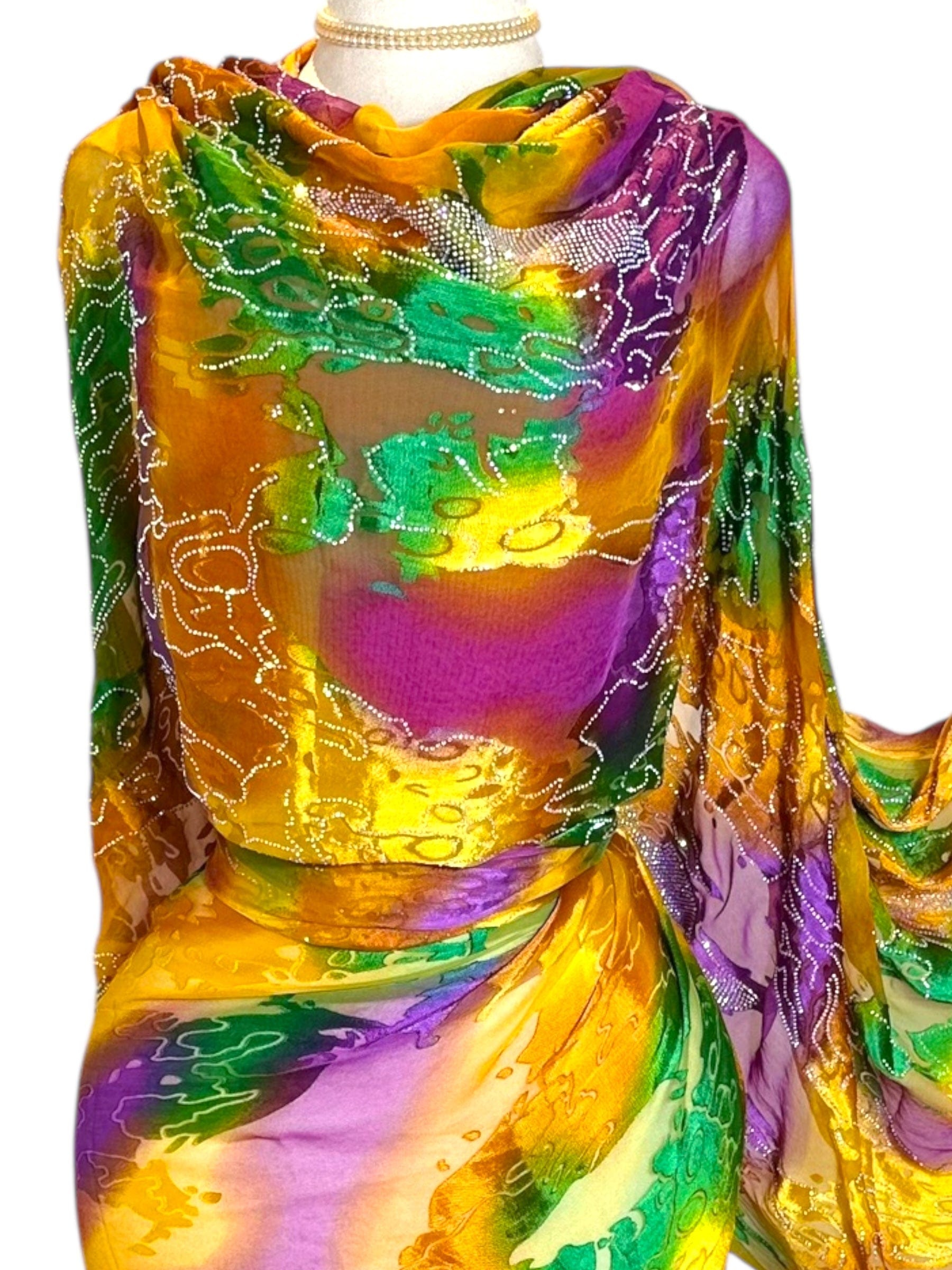 Velvet Jacquard French Chiffon - Purple yellow green