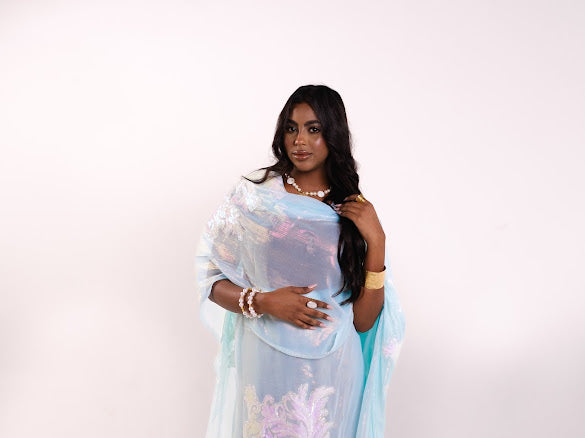 Handmade Applique Toub - Irridecesent Teal with White Flowers
