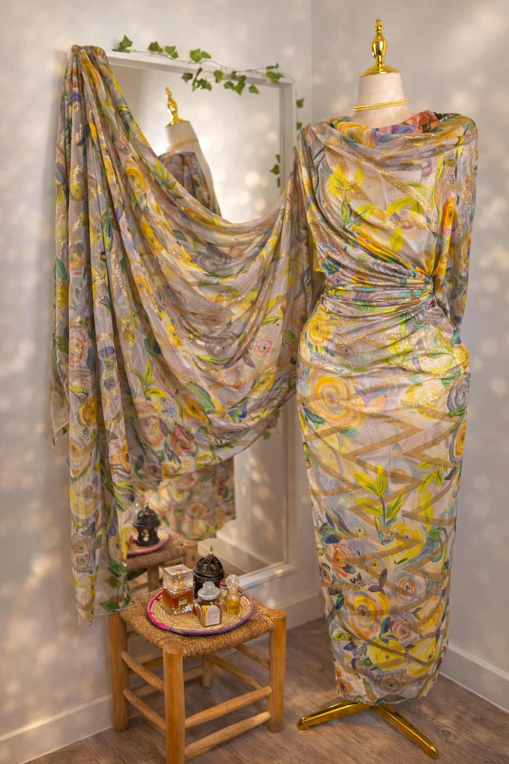 Silk Chiffon with Jacquard - Floral ZigZag Glitter
