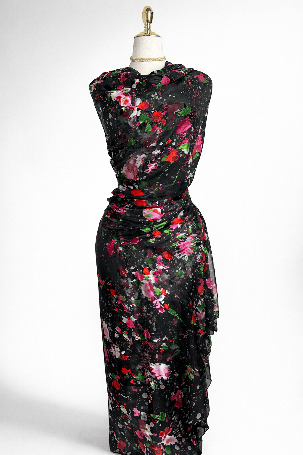 Velvet Jacquard French Chiffon - Black Red Floral