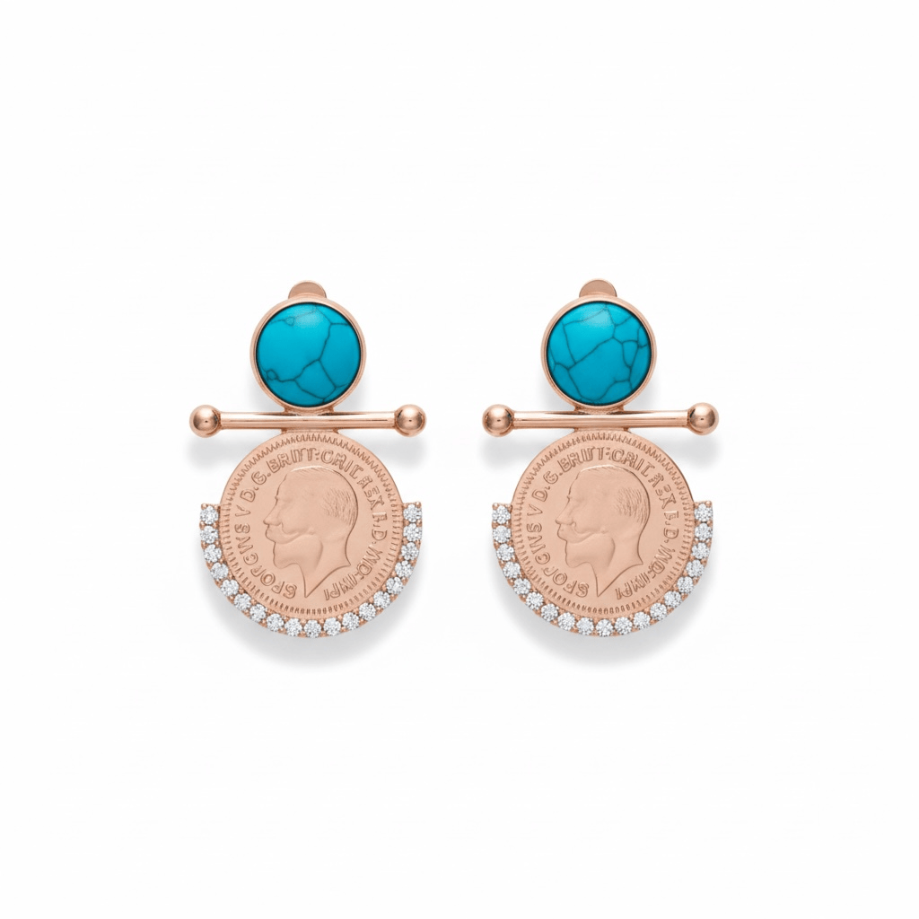 Traditional Earrings - Rose Gold Coin with Turquoise Bead