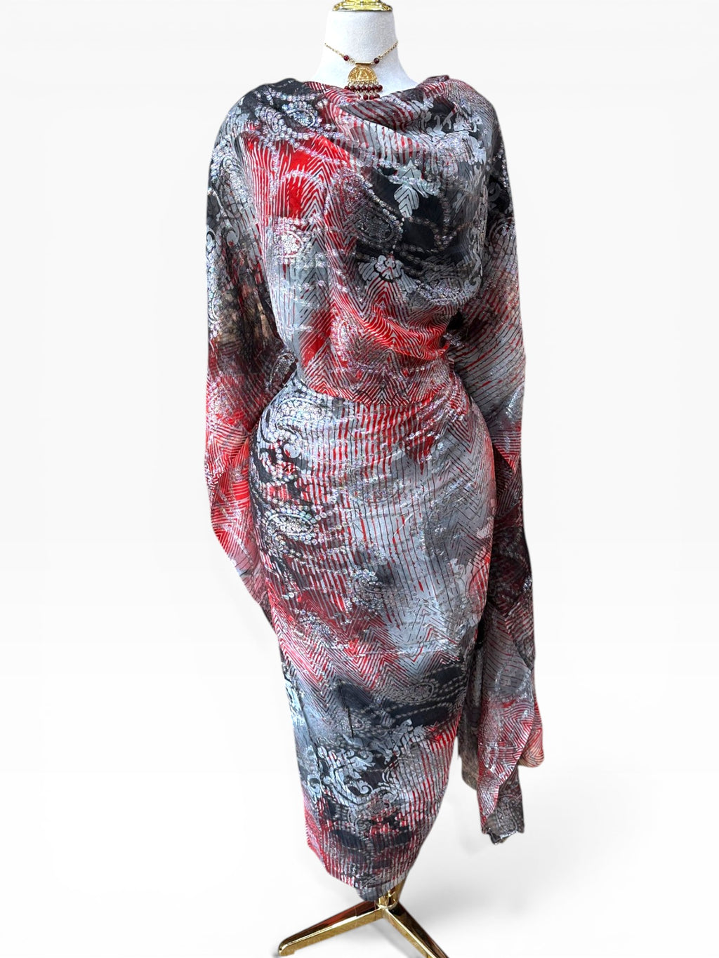Silk Chiffon Jacquard - Grey/Red with Paisley