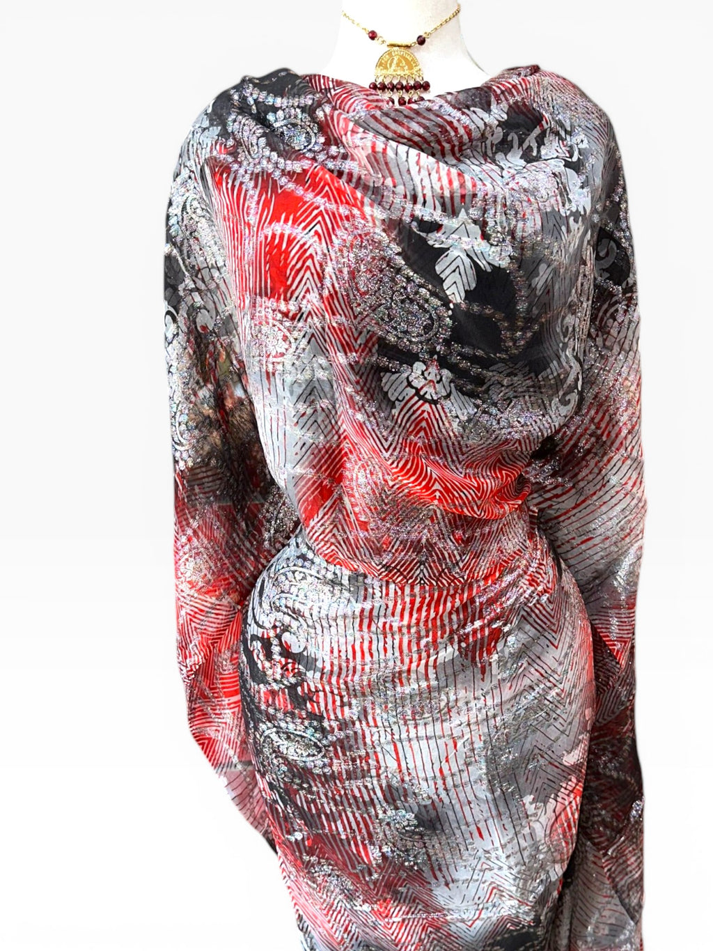 Silk Chiffon Jacquard - Grey/Red with Paisley