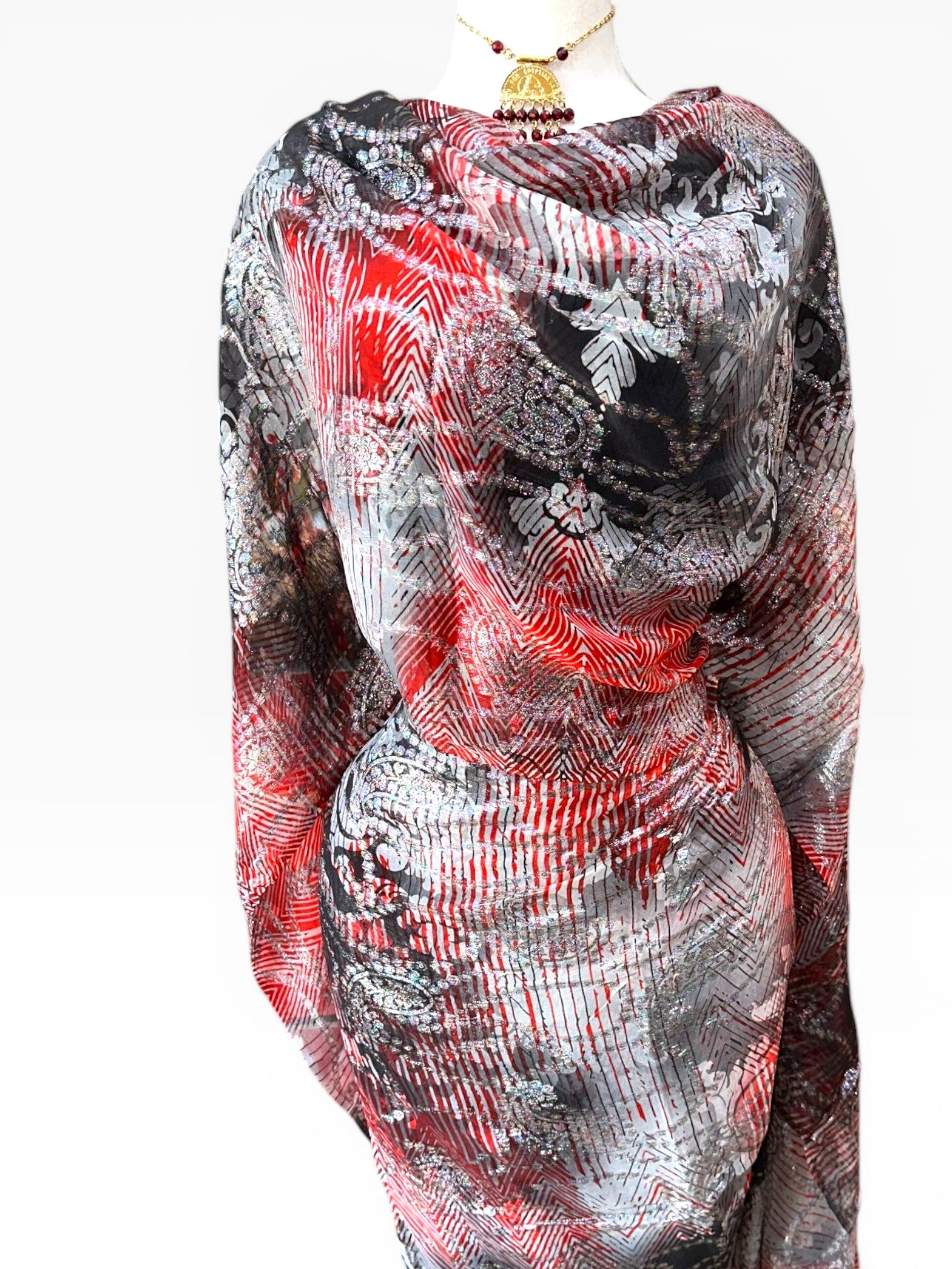 Silk Chiffon Jacquard - Grey/Red with Paisley