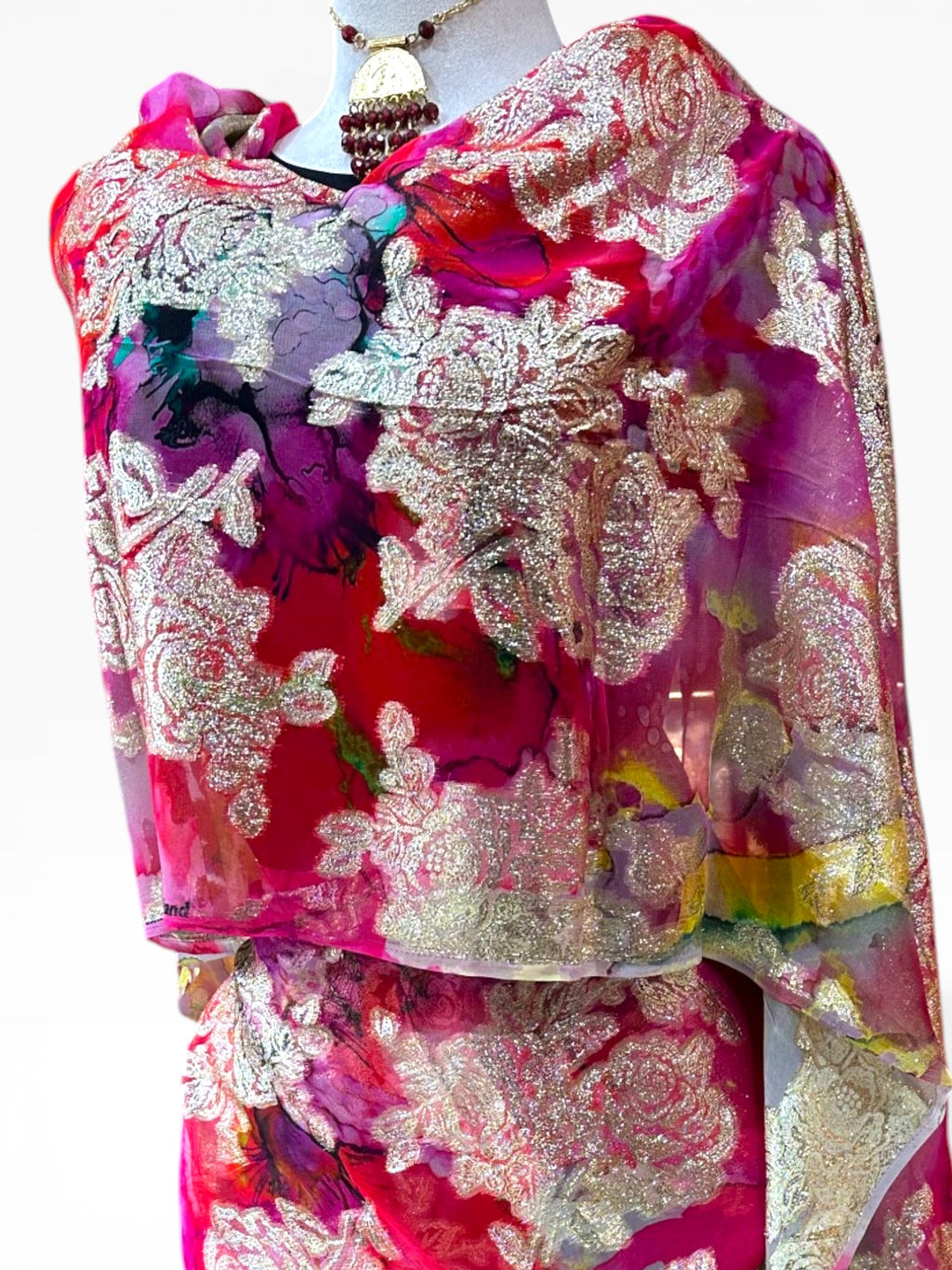 Silk Chiffon with Jacquard - Pink Roses