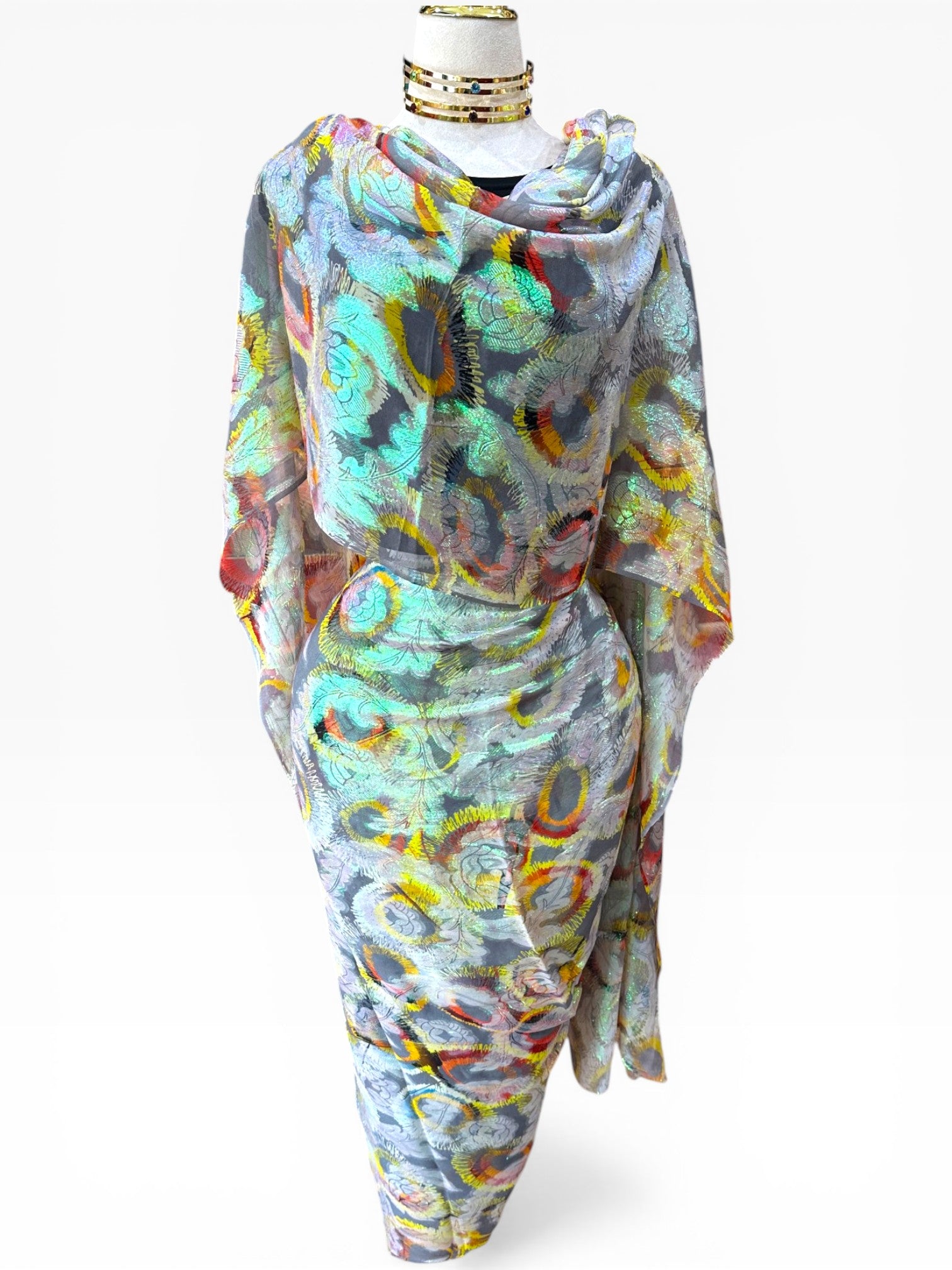 SIlk Chiffon with Jacquard - Fluorescent Floral (Grey with Yellow)
