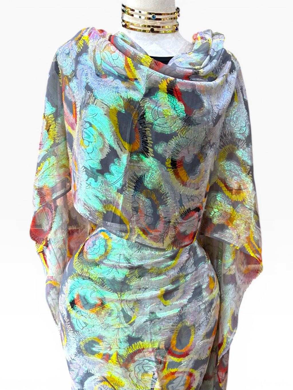 SIlk Chiffon with Jacquard - Fluorescent Floral (Grey with Yellow)