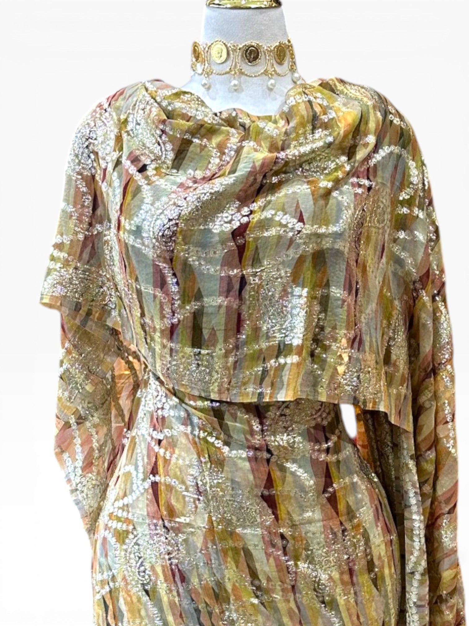 Silk Chiffon Jacquard - Golden Pink Tones Geometric with Paisley