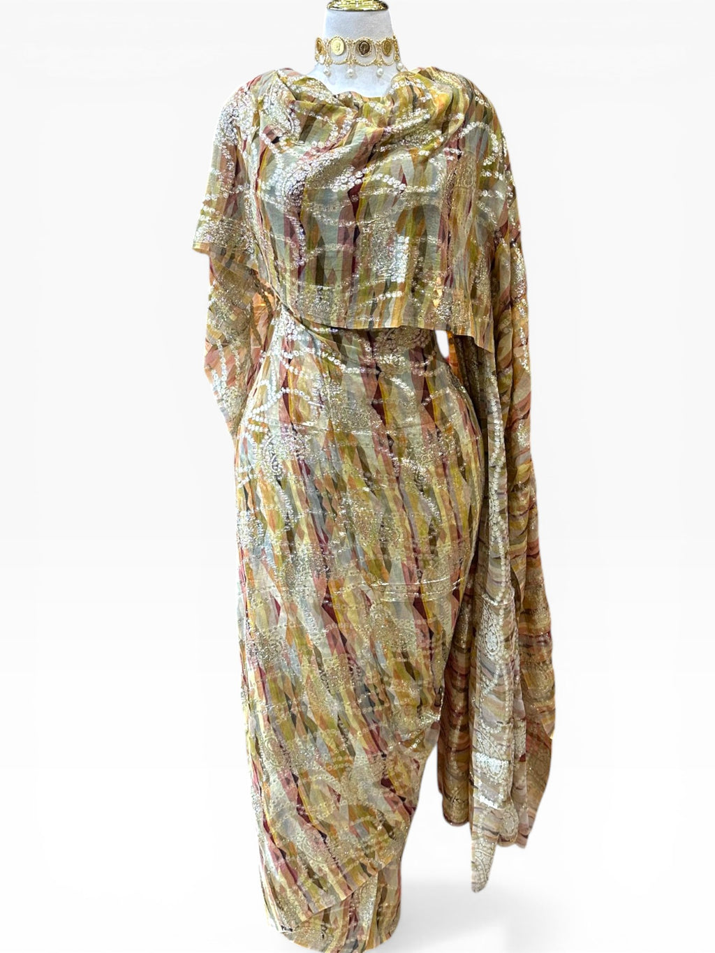 Silk Chiffon Jacquard - Golden Pink Tones Geometric with Paisley