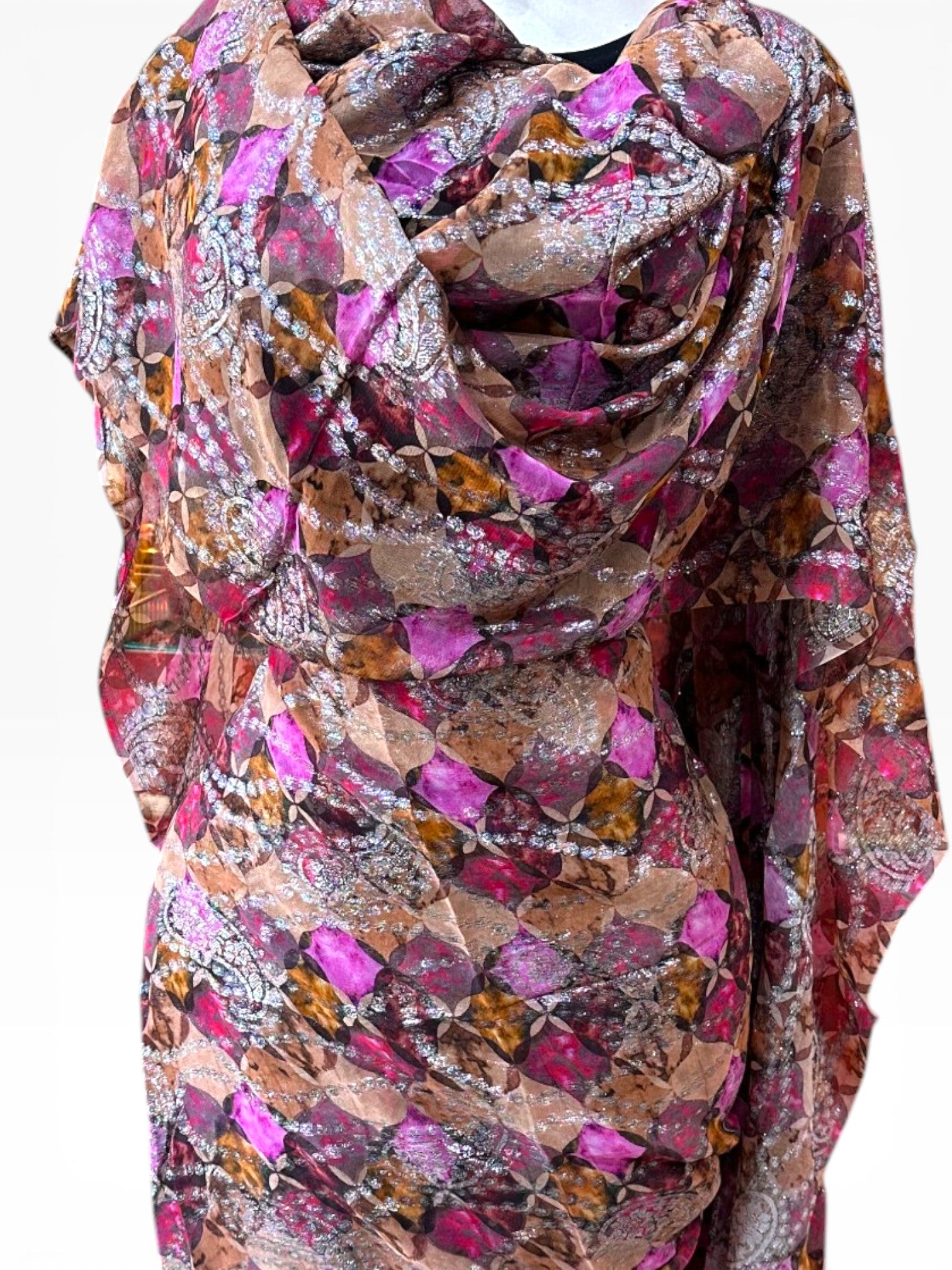 Silk Chiffon Jacquard - Pink and Brown Geometric with Paisley