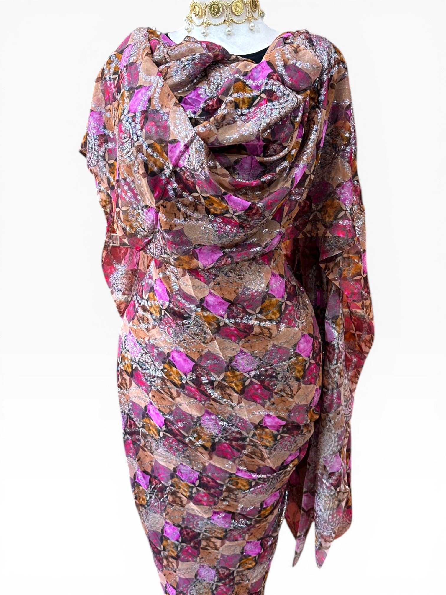 Silk Chiffon Jacquard - Pink and Brown Geometric with Paisley