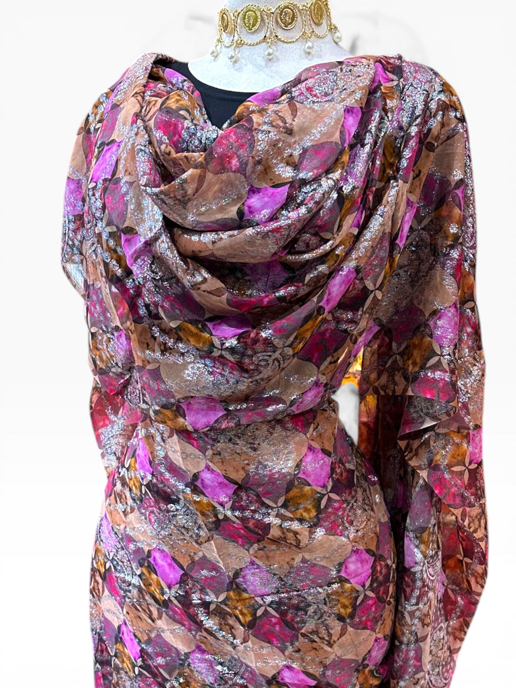 Silk Chiffon Jacquard - Pink and Brown Geometric with Paisley