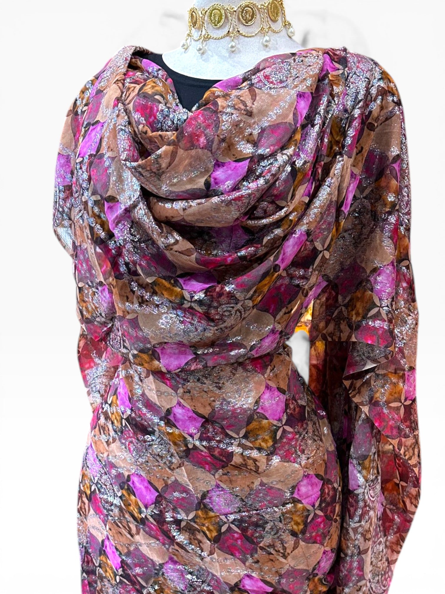 Silk Chiffon Jacquard - Pink and Brown Geometric with Paisley