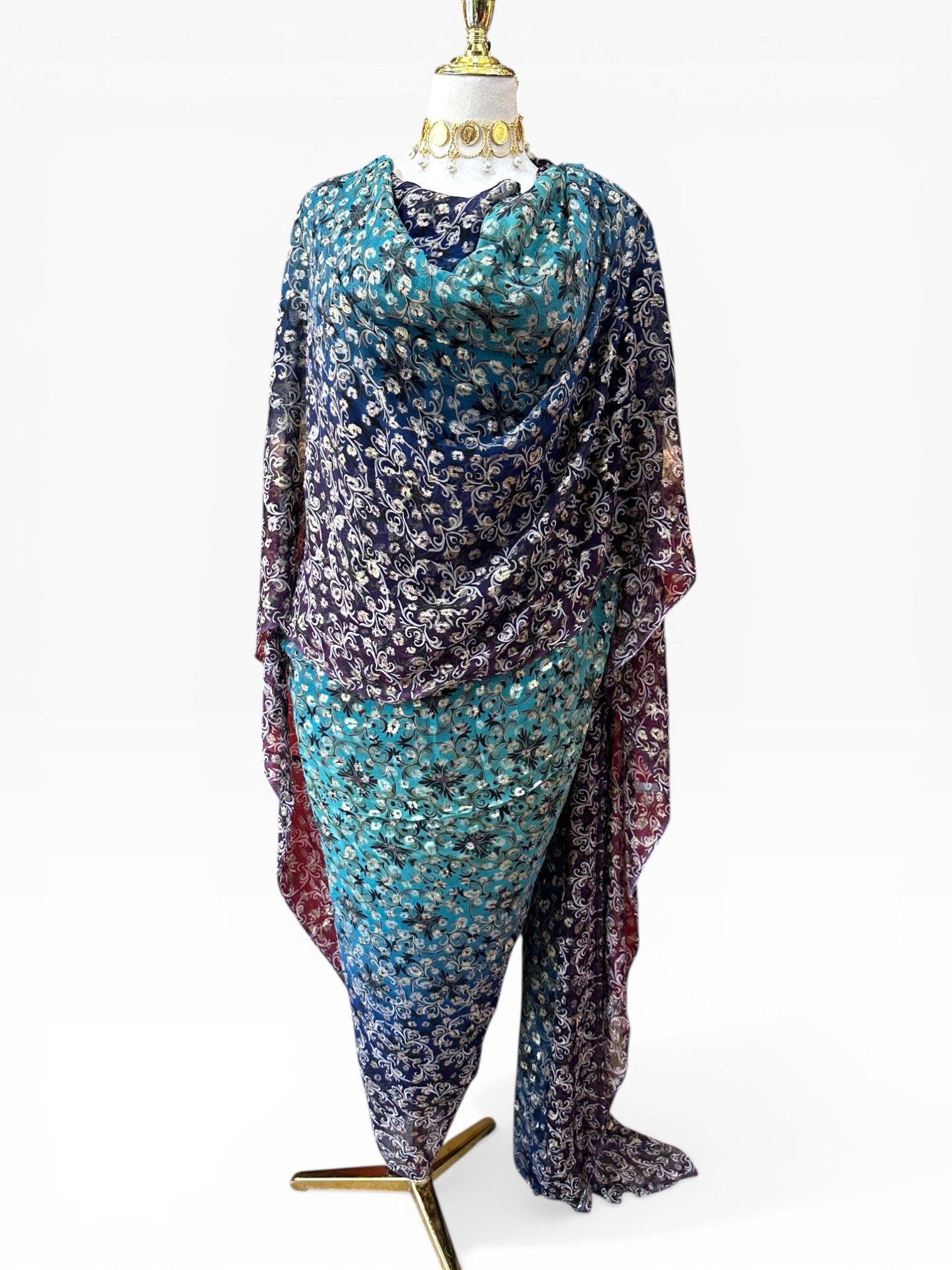 Silk Chiffon with Jacquard - Arabesque (Blue Gradient)