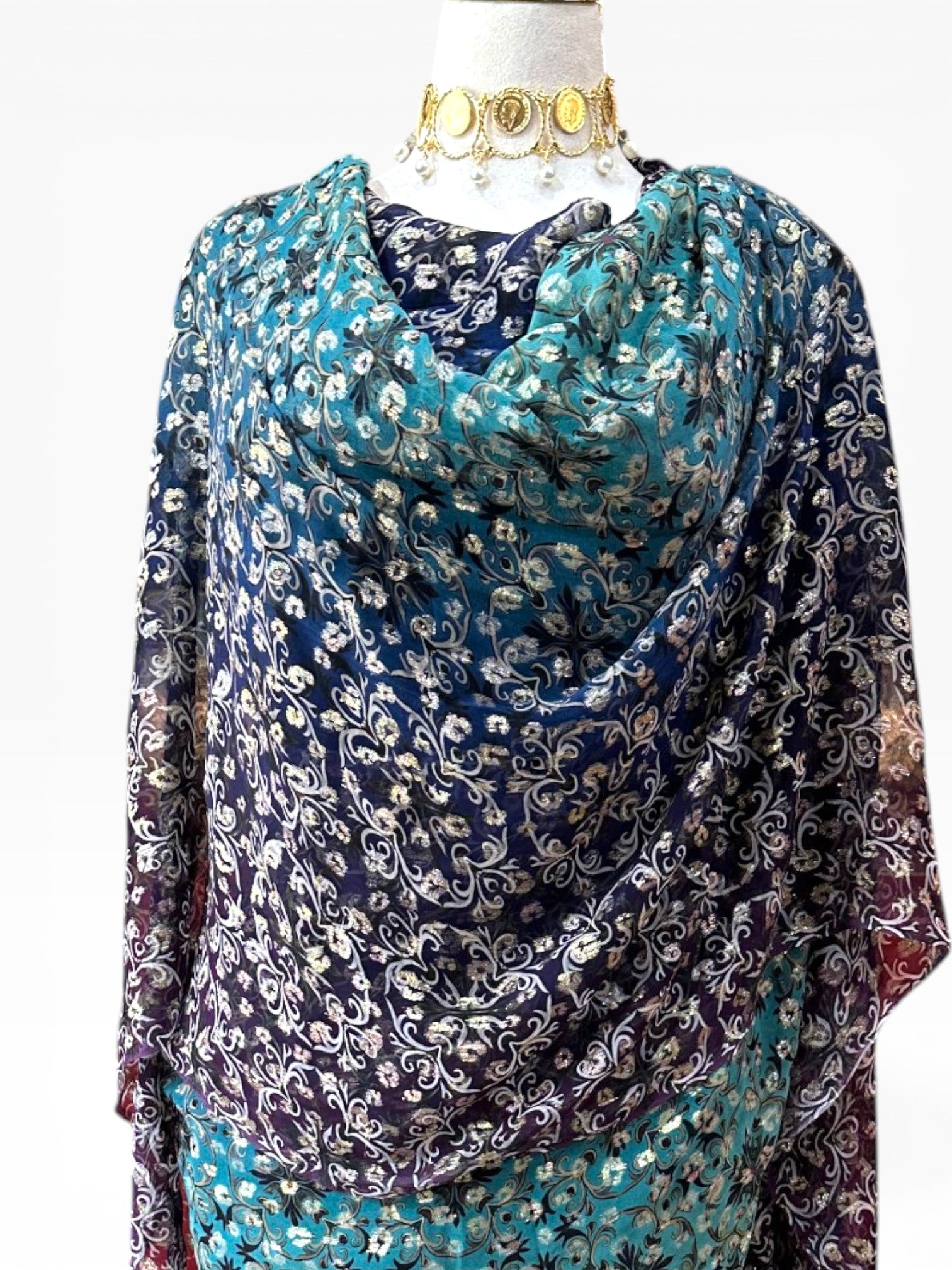 Silk Chiffon with Jacquard - Arabesque (Blue Gradient)