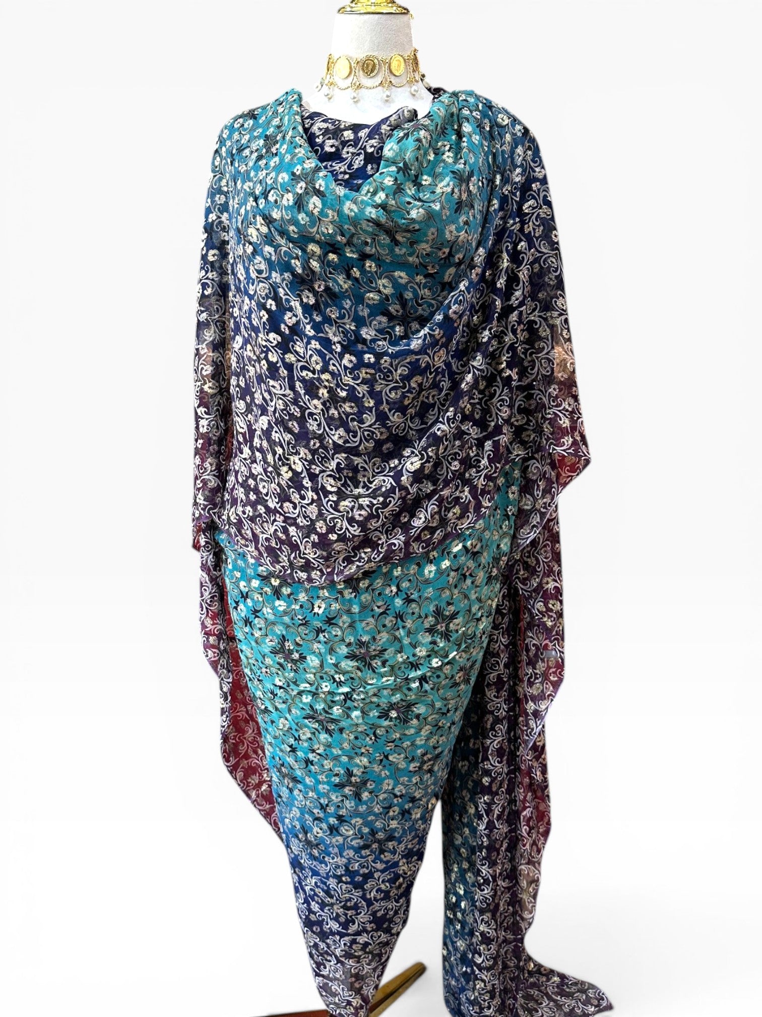 Silk Chiffon with Jacquard - Arabesque (Blue Gradient)