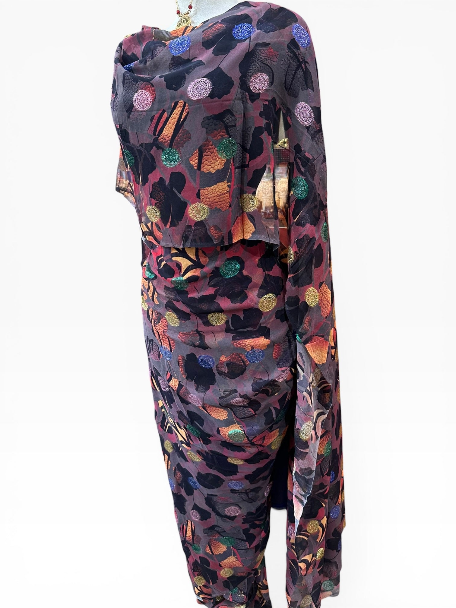 Silk Chiffon with Jacquard - Mosaic (Dark Grey with Pinks)